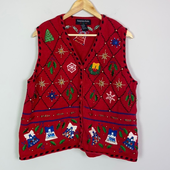 Sweaters - 134 Vintage Ugly Holiday Sweater Beaded Vest With Bells Size 2X